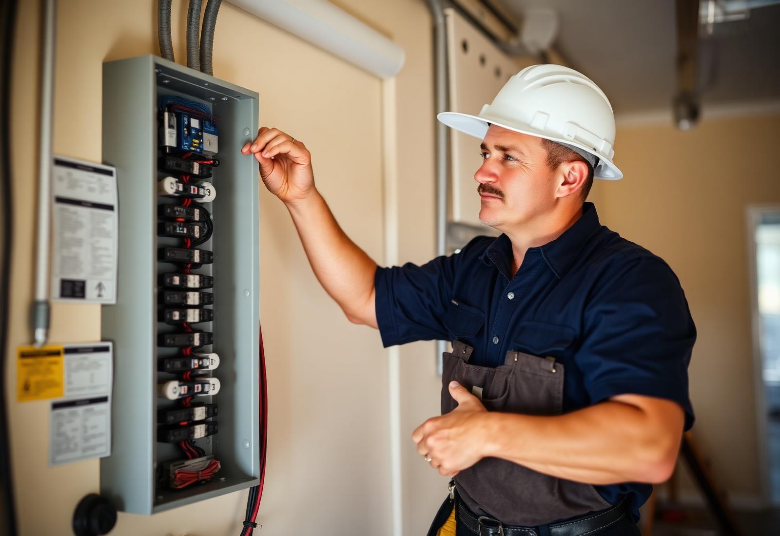Praman Power electrician installing a residential service panel in Riverview, Florida