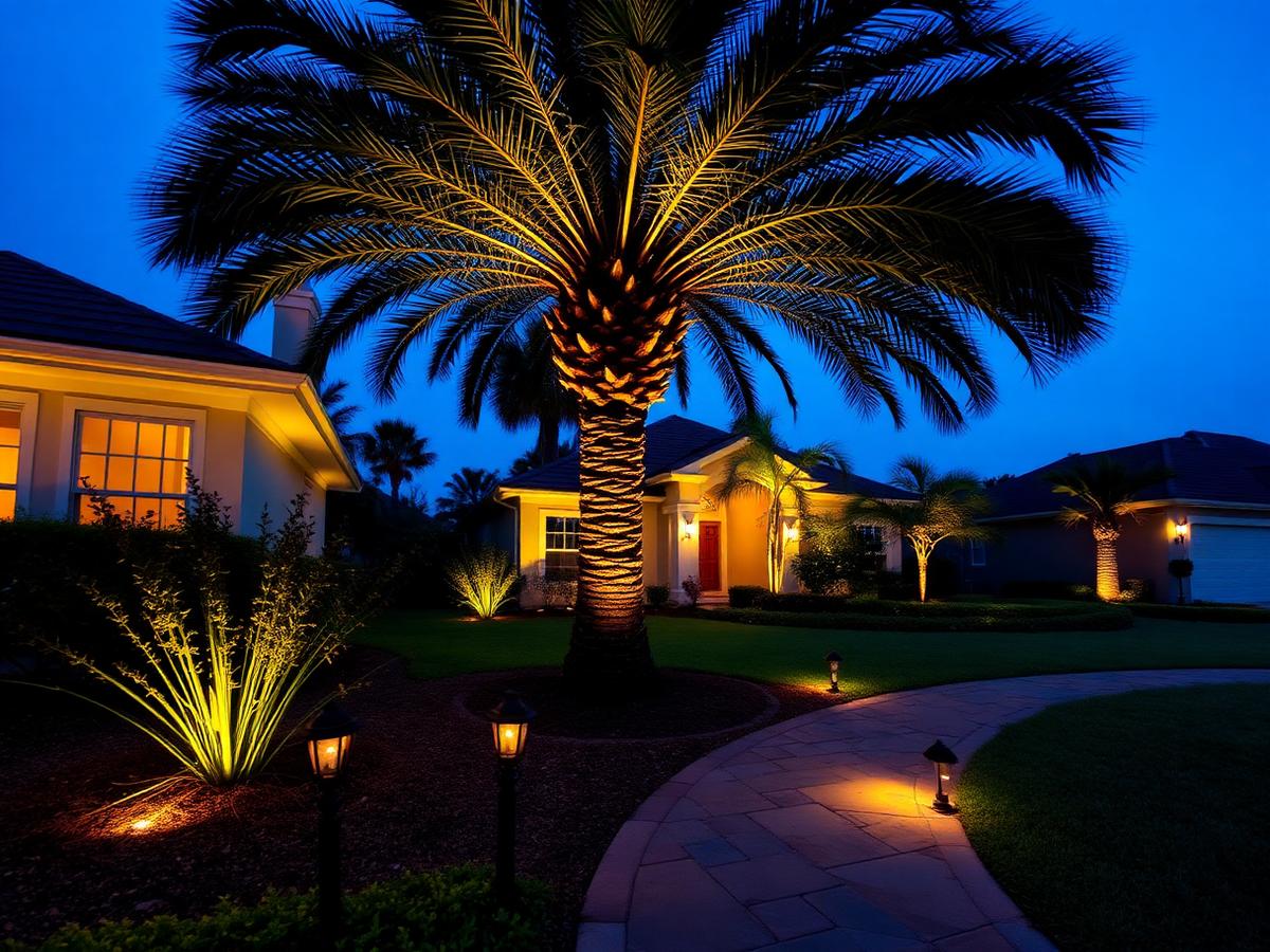 Evening landscape lighting in a Tampa Bay neighborhood