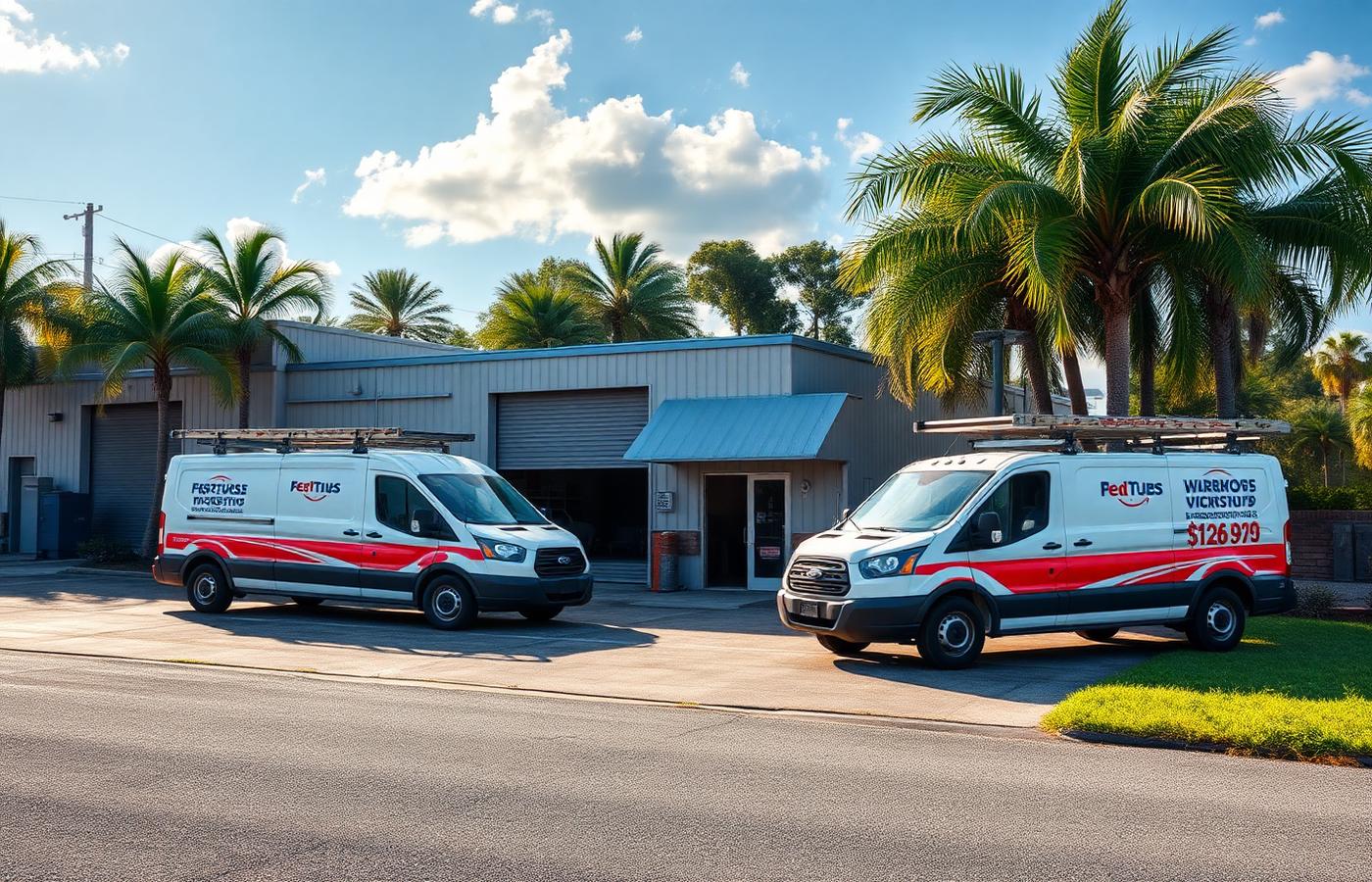 Two Praman Power service vans parked outside the Riverview workshop